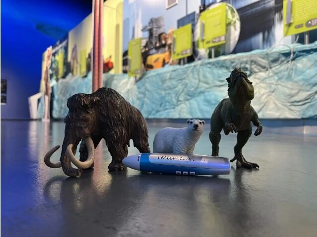 Mehrere Tierfiguren, darunter ein Mammut, ein Eisb&auml;r und ein Pferd, stehen auf einem Tisch vor einer bunten Modelllandschaft.