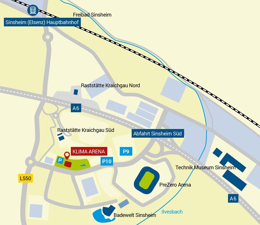 Lageplan KLIMA ARENA mit Einzeichnung Parkhaus und Autobahn A6.