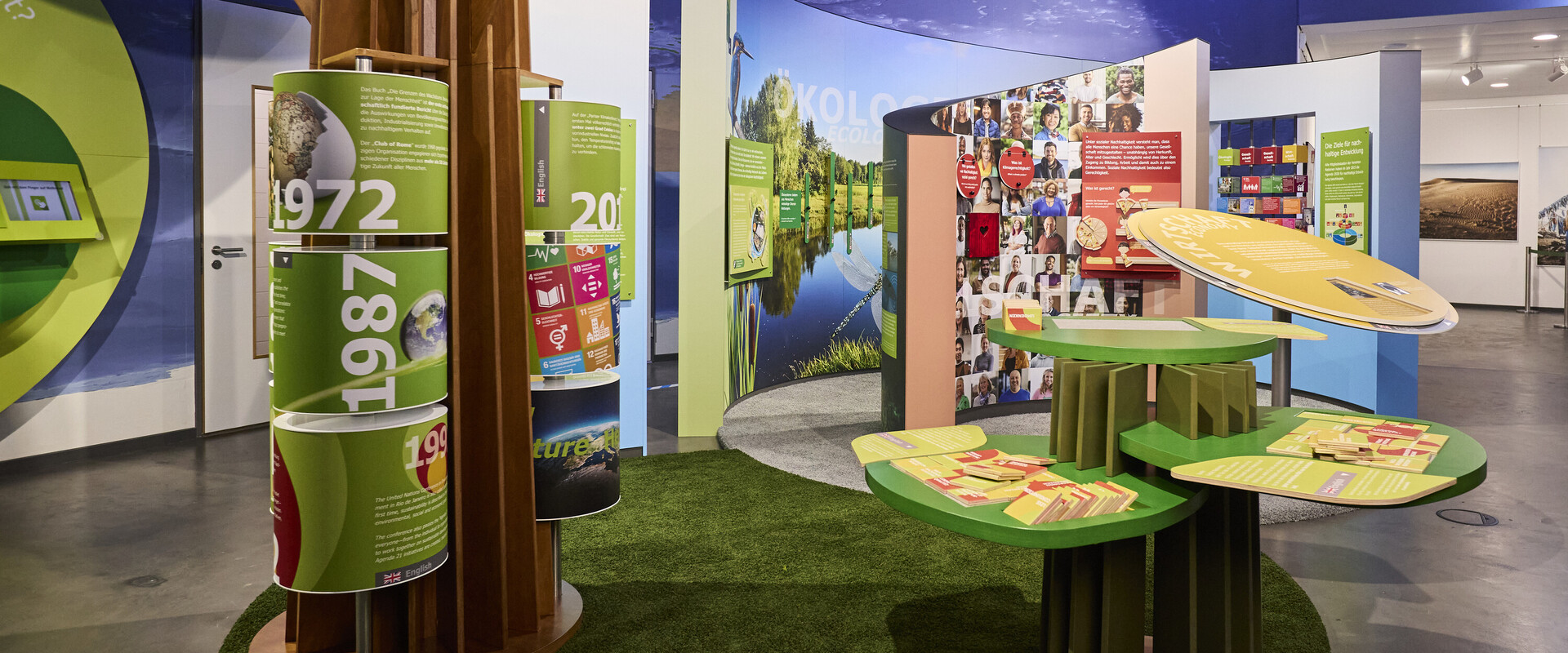 Blick auf das Exponat zur &ouml;kologischen, &ouml;konomischen und sozialen Nachhaltigkeit im Greundlagen-Bereich.